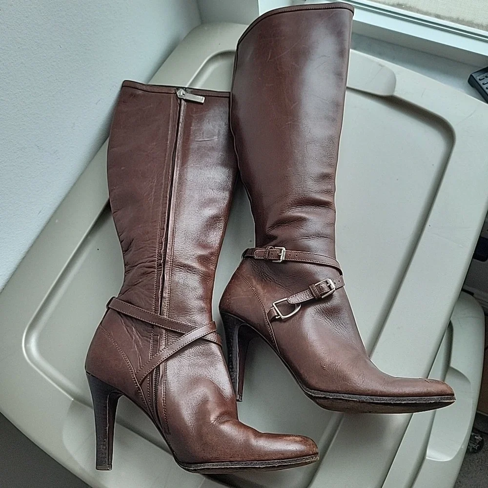 Ralph Lauren Purple Label Knee High Leather Boots Womens Size 6.5 Brown Heel Zip
